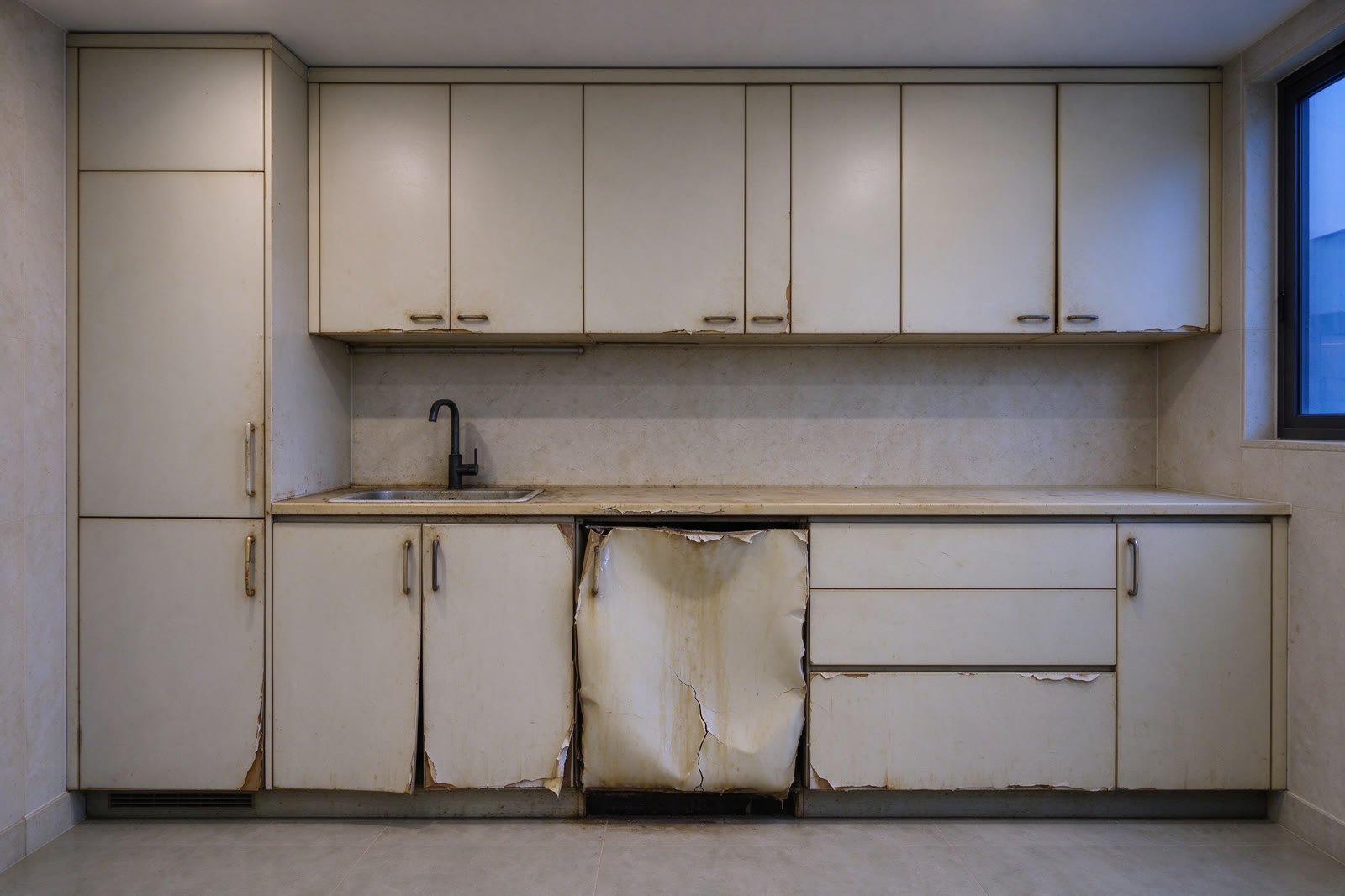 Antes: la misma cocina con muebles viejos, hinchados junto al lavadero y con cantos despegados.