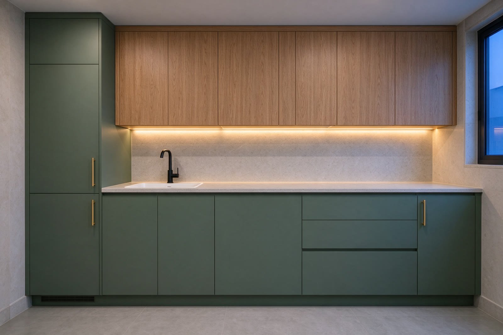 Después: cocina lineal con muebles verde eucalipto, muebles altos de roble y luz LED.