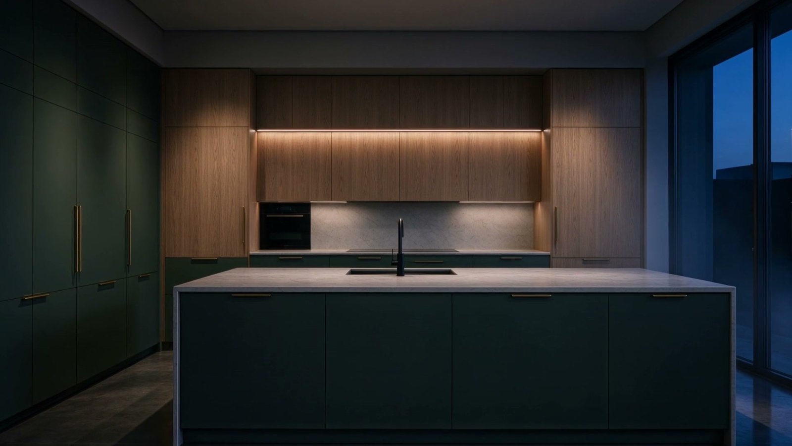 Cocina terminada con muebles bajos verde eucalipto, columnas de roble y luz LED cálida bajo los muebles altos.